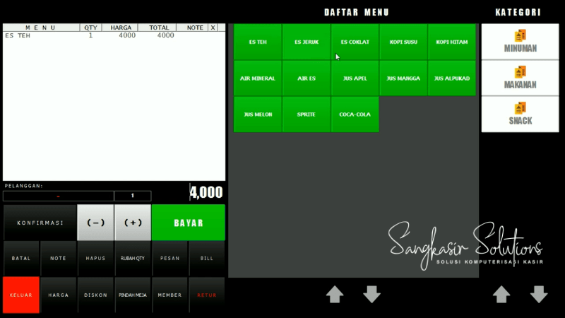 Software Aplikasi Kasir Restoran / Rumah Makan Tampilan Pilih Menu