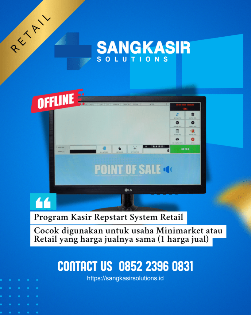 Repstart System Retail: Solusi Aplikasi Program Kasir Minimarket.
FREE instalasi dan training penggunaan aplikasi program kasir Repstart System di Jogja, Magelang, Tasikmalaya, Cirebon, Bogor, Nganjuk
