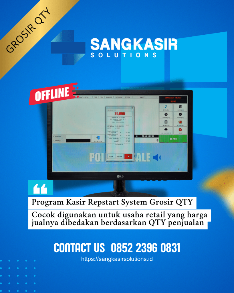 Repstart System Grosir: Solusi Aplikasi Program Kasir Grosir QTY.
FREE instalasi dan training penggunaan aplikasi program kasir Repstart System di Jogja, Magelang, Tasikmalaya, Cirebon, Bogor, Nganjuk